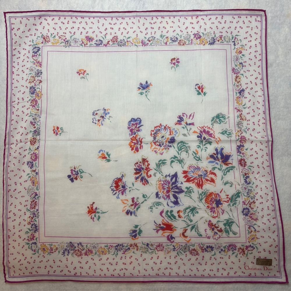 VTG CHRISTIAN DIOR Scarf Handkerchief Floral Cotton White Purple 18x18